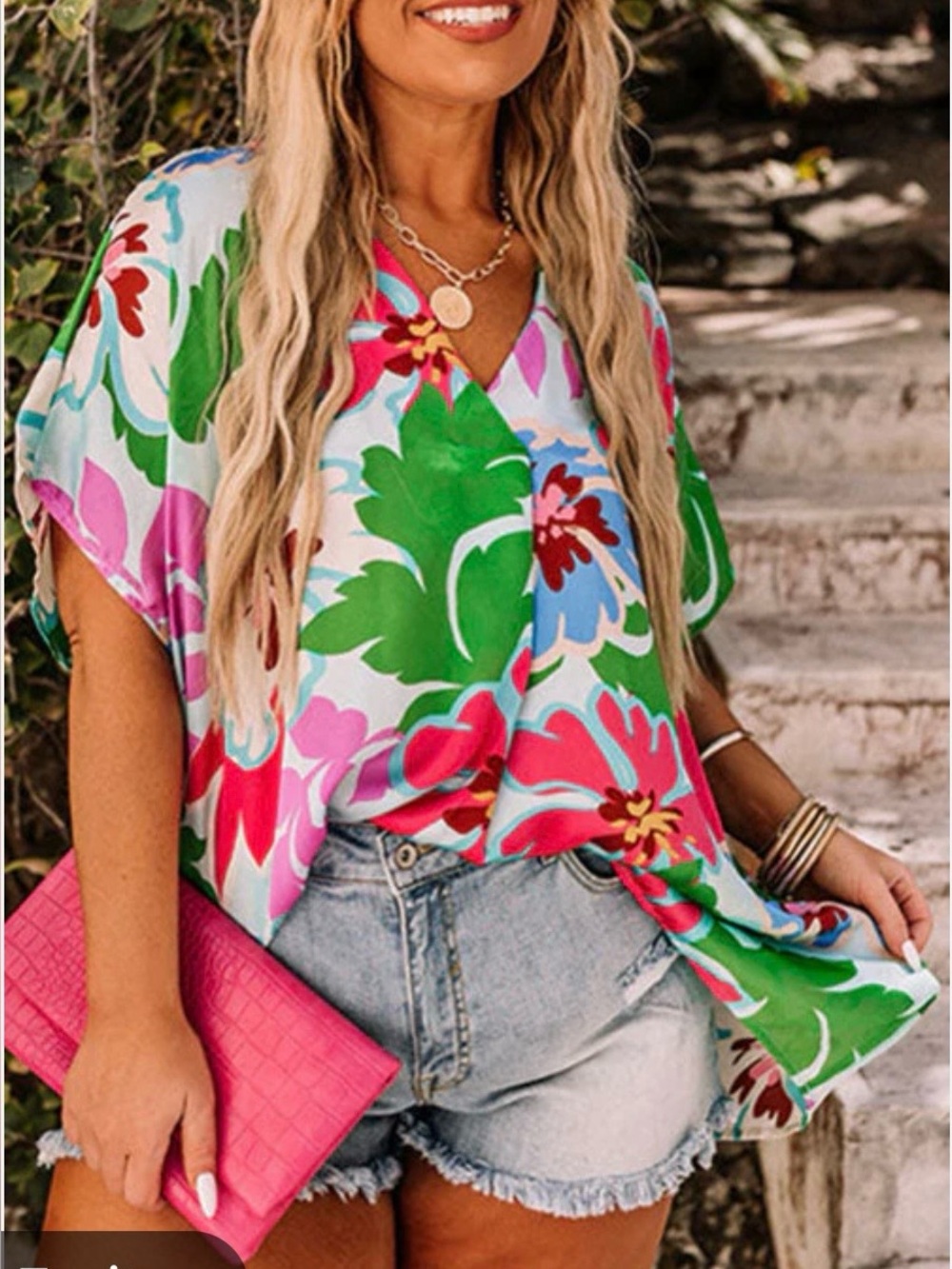 Boutique Floral Print Faux Wrap Blouse 2X | Tropical Boho V-Neck Top Plus Size